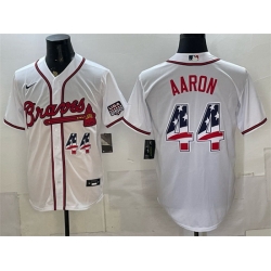 Men Atlanta Braves  44 Hank Aaron White USA 250 Fourth of July Home Stadium Stitched Baseball Jersey