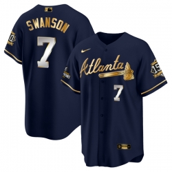 Men Atlanta Braves 7 Dansby Swanson 2021 Navy Gold World Series Champions With 150th Anniversary Patch Cool Base Stitched Jersey