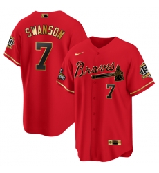 Men Atlanta Braves 7 Dansby Swanson 2021 Red Gold World Series Champions With 150th Anniversary Patch Cool Base Stitched Jersey