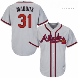 Mens Majestic Atlanta Braves 31 Greg Maddux Replica Grey Road Cool Base MLB Jersey