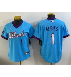 Women Atlanta Braves 1 Ozzie Albies Powder Blue 2026 City Connect Stadium Stitched Baseball Jersey Women Atlanta Braves 1 Ozzie Albies Powder Blue 2026 City Connect Stadium Stitched Baseball Jersey