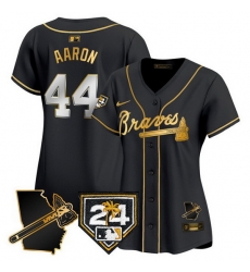 Women Atlanta Braves 44 Hank Aaron Black Gold 2024 Spring Training 26 Georgia Patch Vapor Limited Stitched Baseball Jersey Women Atlanta Braves 44 Hank Aaron Black Gold 2024 Spring Training 26 Georgia Patch Vapor Limited Stitched Baseball Jersey