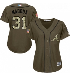 Womens Majestic Atlanta Braves 31 Greg Maddux Replica Green Salute to Service MLB Jersey