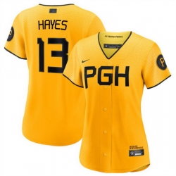 Women Pittsburgh Pirates 13 Ke 27Bryan Hayes Gold 2023 City Connect Stitched Jersey