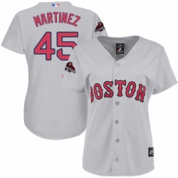 Womens Majestic Boston Red Sox 45 Pedro Martinez Authentic Grey Road 2018 World Series Champions MLB Jersey