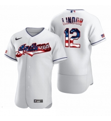 Men Cleveland Indians 12 Francisco Lindor Men Nike White Fluttering USA Flag Limited Edition Flex Base MLB Jersey