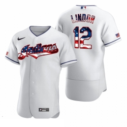 Men Cleveland Indians 12 Francisco Lindor Men Nike White Fluttering USA Flag Limited Edition Flex Base MLB Jersey