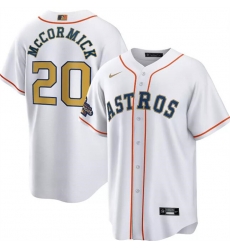 Men Houston Astros 20 Chas McCormick White 2023 Gold Collection With World Serise Champions Patch Cool Base Stitched Baseball Jersey