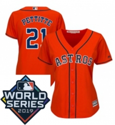 Womens Majestic Houston Astros 21 Andy Pettitte Orange Alternate Cool Base Sitched 2019 World Series Patch Jersey