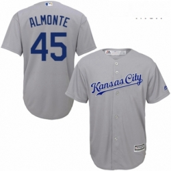 Mens Majestic Kansas City Royals 45 Abraham Almonte Replica Grey Road Cool Base MLB Jersey 