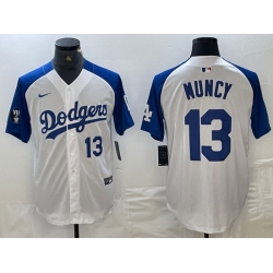 Men Los Angeles Dodgers 13 Max Muncy White Blue Vin Patch Cool Base Stitched Baseball Jersey 1