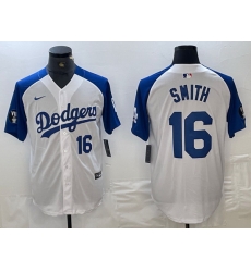 Men Los Angeles Dodgers 16 Will Smith White Blue Vin Patch Cool Base Stitched Baseball Jersey 8