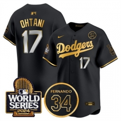 Men Los Angeles Dodgers 17 Shohei Ohtani Black Gold 2024 World Series With Fernando Memorial Patch Limited Stitched Baseball Jersey