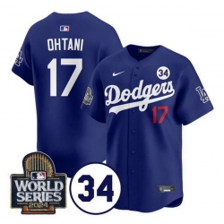 Men Los Angeles Dodgers 17 Shohei Ohtani Royal 2024 World Series With No  34 Patch Limited Stitched Baseball Jersey