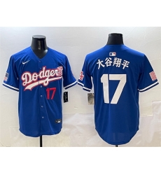 Men Los Angeles Dodgers 17 Shohei Ohtani Royal With American Flag Patch Limited Stitched Baseball Jersey