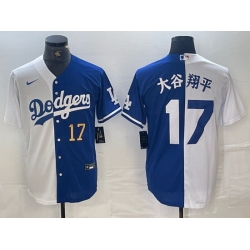 Men Los Angeles Dodgers 17 Shohei Ohtani White Blue Split Cool Base Stitched Baseball Jersey B