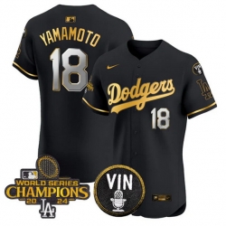 Men Los Angeles Dodgers 18 Yoshinobu Yamamoto Black Gold 2024 World Series Champions With Vin Patch Vapor Limited Stitched Baseball Jersey