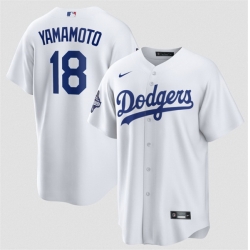 Men Los Angeles Dodgers 18 Yoshinobu Yamamoto White 2025 World Series Champions Patch Cool Base Stitched Baseball Jersey