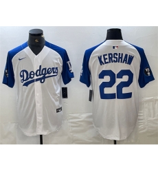 Men Los Angeles Dodgers 22 Clayton Kershaw White Blue Vin Patch Cool Base Stitched Baseball Jersey