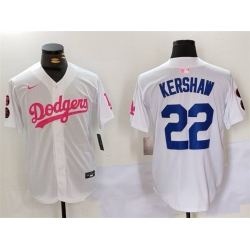 Men Los Angeles Dodgers 22 Clayton Kershaw White Pink Vin  26 Kobe Patch Stitched Baseball Jersey