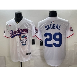 Men Los Angeles Dodgers  29 Tarik Skubal White Hello Kitty Night 2025 World Series Champions Patch Stitched Baseball Jersey