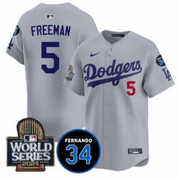 Men Los Angeles Dodgers 5 Freddie Freeman Grey 2024 World Series With Fernando Memorial Patch Limited Stitched Baseball Jersey