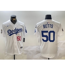 Men Los Angeles Dodgers 50 Mookie Betts White 2024 World Series With Fernando Memorial Patch Home Limited Stitched Baseball Jersey 3