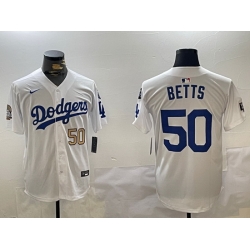 Men Los Angeles Dodgers 50 Mookie Betts White 2024 World Series With Fernando Memorial Patch Home Limited Stitched Baseball Jersey 5