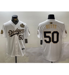 Men Los Angeles Dodgers 50 Mookie Betts White Gold 2024 World Series With Fernando Memorial Patch Limited Stitched Baseball Jersey 2