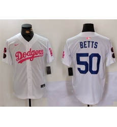 Men Los Angeles Dodgers 50 Mookie Betts White Pink Vin  26 Kobe Patch Stitched Baseball Jersey