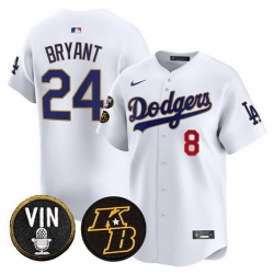 Men Los Angeles Dodgers Front  8 Back  24 Kobe Bryant White 2026 Vin   Kobe Patch Gold Trim Vapor Premier Limited Stitched Baseball Jersey