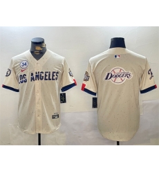 Men Los Angeles Dodgers Team Big Logo Cream 2024 World Series With No  34 Patch Limited Stitched Baseball Jersey 2