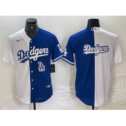 Men Los Angeles Dodgers Team Big Logo White Blue Split Cool Base Stitched Baseball Jersey 8