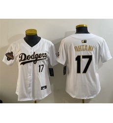 Women Los Angeles Dodgers 17 Shohei Ohtani White Gold 2025 World Series Champions Patch Limited Stitched Baseball Jersey Women Los Angeles Dodgers 17 Shohei Ohtani White Gold 2025 World Series Champions Patch Limited Stitched Baseball Jersey