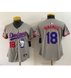 Women Los Angeles Dodgers  18 Yoshinobu Yamamoto Grey Hello Kitty Night 2025 World Series Champions Patch Stitched Baseball Jersey  