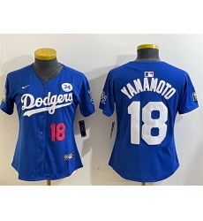 Women Los Angeles Dodgers 18 Yoshinobu Yamamoto Royal 2024 World Series With No  34 Patch Alternate Limited Stitched Baseball Jersey 