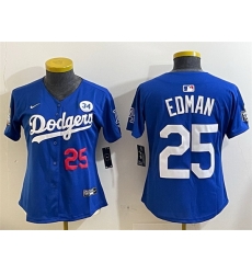 Women Los Angeles Dodgers 25 Tommy Edman Royal 2024 World Series With No  34 Patch Alternate Limited Stitched Baseball Jersey 