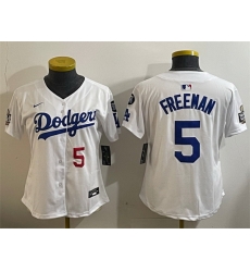 Women Los Angeles Dodgers 5 Freddie Freeman White 2024 World Series With Fernando Memorial Patch Home Limited Stitched Baseball Jersey 