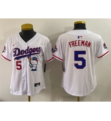 Women Los Angeles Dodgers  5 Freddie Freeman White Hello Kitty Night 2025 World Series Champions Patch Stitched Baseball Jersey  