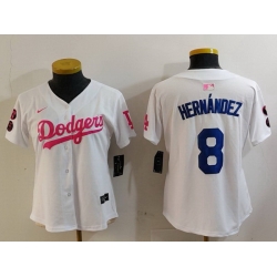 Women Los Angeles Dodgers 8 Enrique Hernandez White Pink Vin  26 Kobe Patch Stitched Baseball Jersey