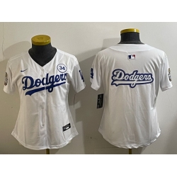 Women Los Angeles Dodgers Blank White 2024 World Series With No  34 Patch Home Limited Stitched Baseball Jersey  3