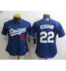 Women's Los Angeles Dodgers #22 Clayton Kershaw Navy Blue Pinstripe Stitched MLB Cool Base Nike Jersey