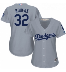 Womens Majestic Los Angeles Dodgers 32 Sandy Koufax Replica Grey Road Cool Base MLB Jersey