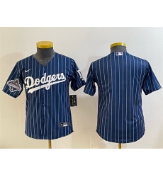 Youth Los Angeles Dodgers Blank Navy Pinstripe 2025 World Series Champions Patch Cool Base Stitched Baseball Jersey