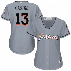 Womens Majestic Miami Marlins 13 Starlin Castro Replica Grey Road Cool Base MLB Jersey 