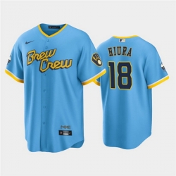 Men Milwaukee Brewers 18 Keston Hiura 2022 Powder Blue City Connect Cool Base Stitched Jersey