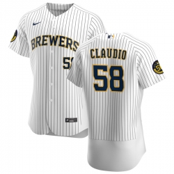 Men Milwaukee Brewers 58 Alex Claudio Men Nike White Home 2020 Flex Base Player MLB Jersey