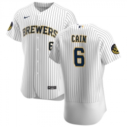 Men Milwaukee Brewers 6 Lorenzo Cain Men Nike White Home 2020 Flex Base Player MLB Jersey