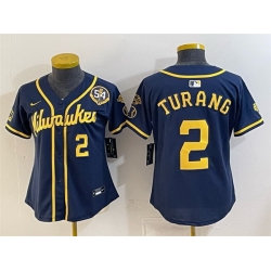 Women Milwaukee Brewers  2 Brice Turang Navy With Home   Bob Uecker Patch Limited Stitched Jersey