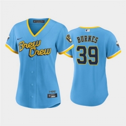 Women Milwaukee Brewers 39 Corbin Burnes 2022 Powder Blue City Connect Cool Base Stitched Jersey